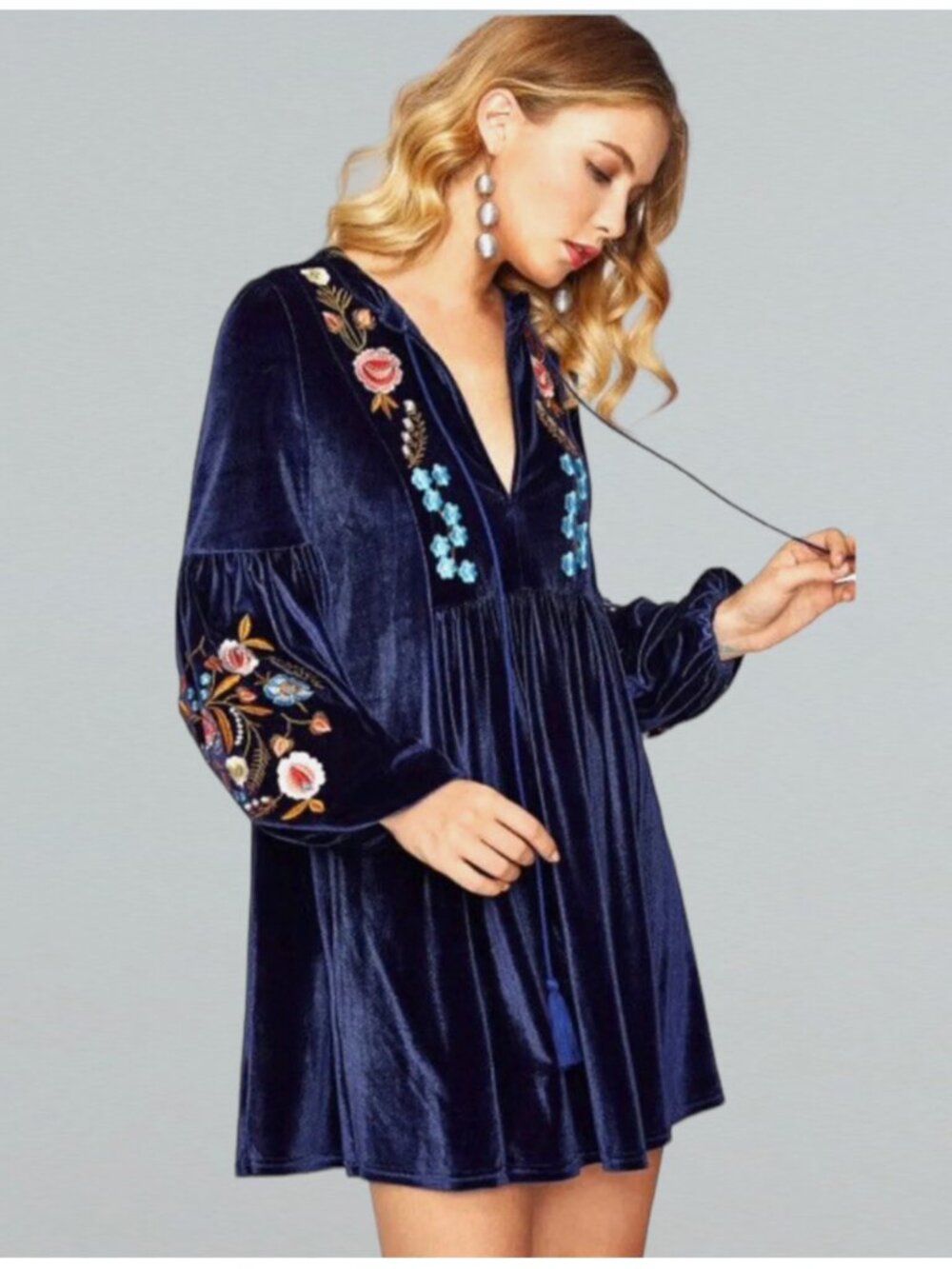Zara Women Luxe Free Velvet Embroidered Navy People Boho Dress Balloon Sleeve M